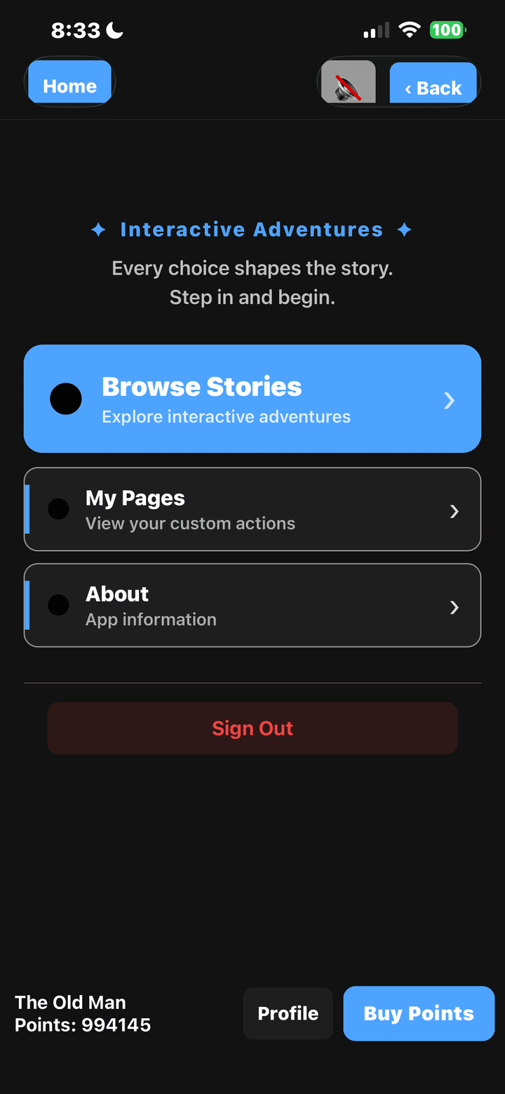 The app's home screen, showing a list of active story trees to read or continue