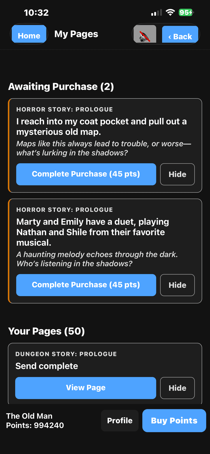 A list of story pages the player has personally created and grown