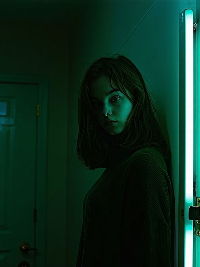 A tense AI-illustrated moment from a horror story branch in a glowing green doorway